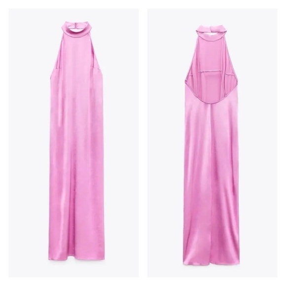 ZARA Light Pink High Neck Halter Backless Satin Midi Dress Medium Cocktail NEW - Picture 6 of 7
